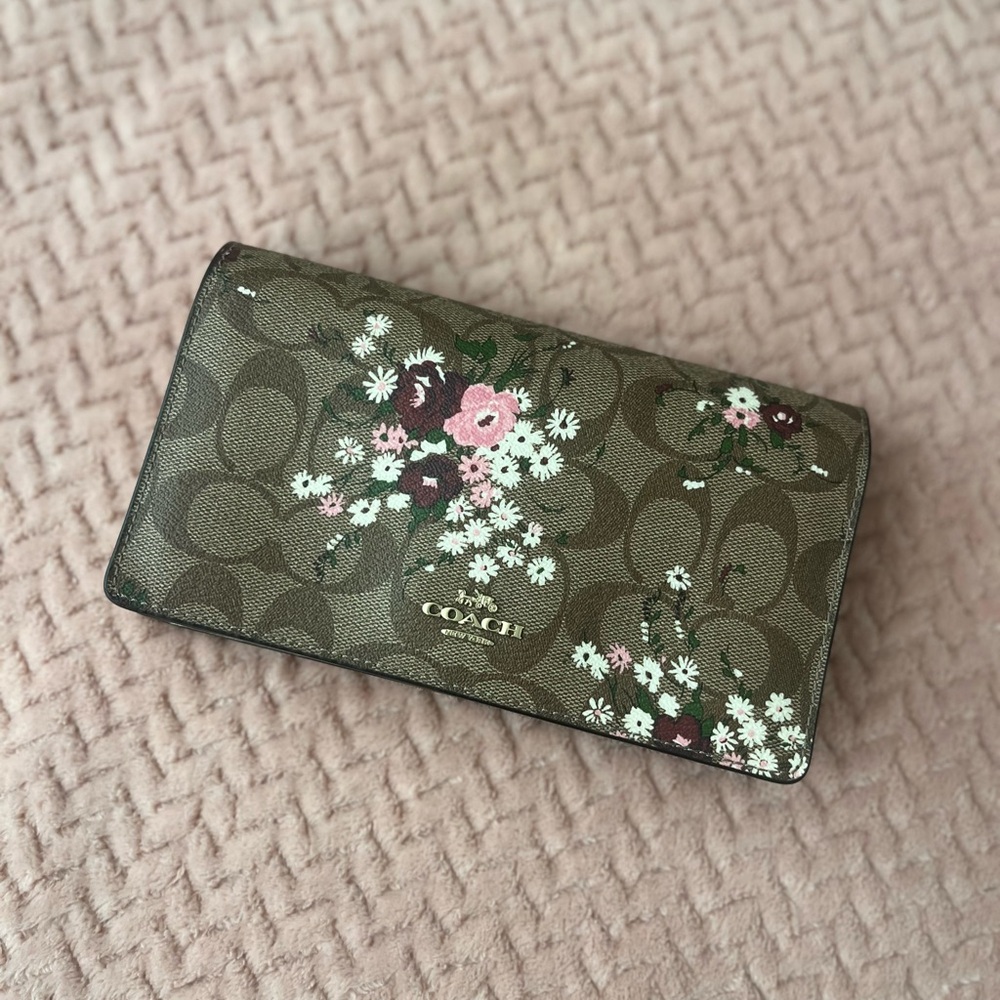 Coach Brown Floral Signature Continental Wallet with Pink & White Flowers